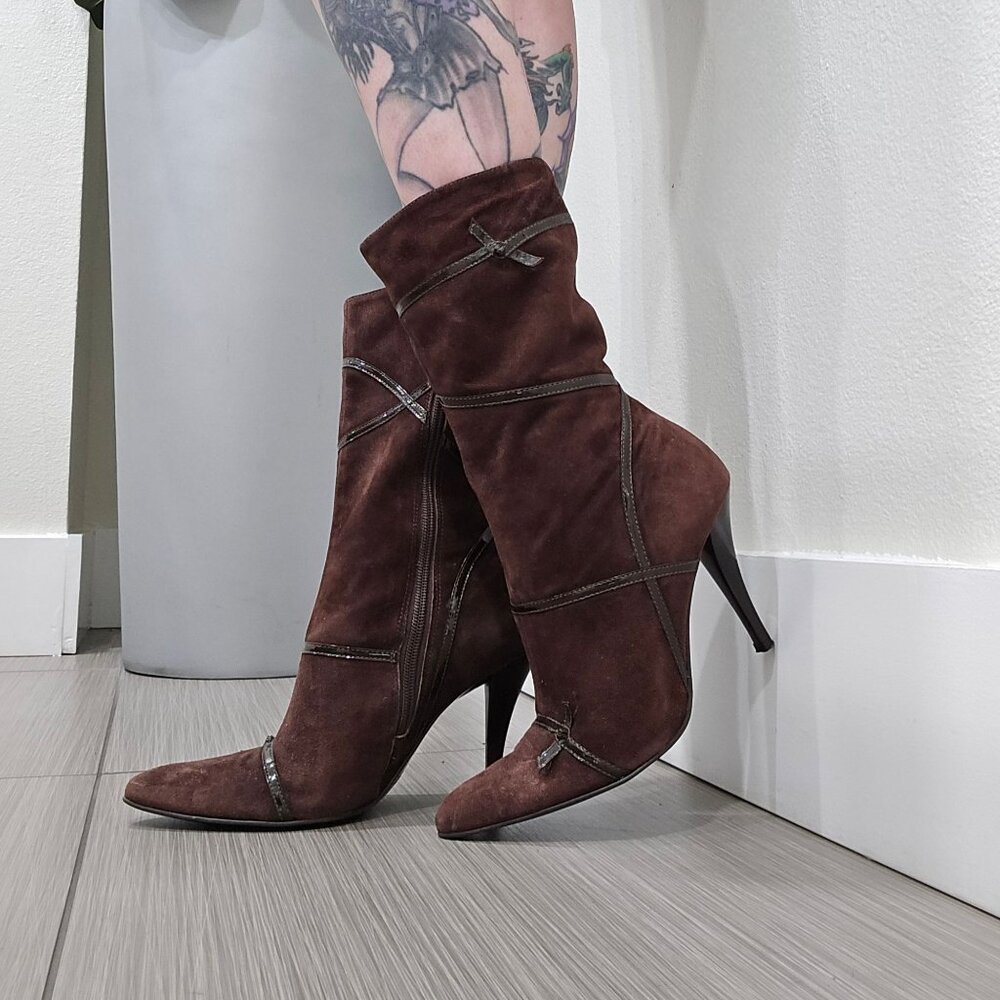 BCBG Paris โฆ Brown Suede Heeled Boots โฆ Stiletto Zipper Strap Detail Size 8 - Picture 6 of 16